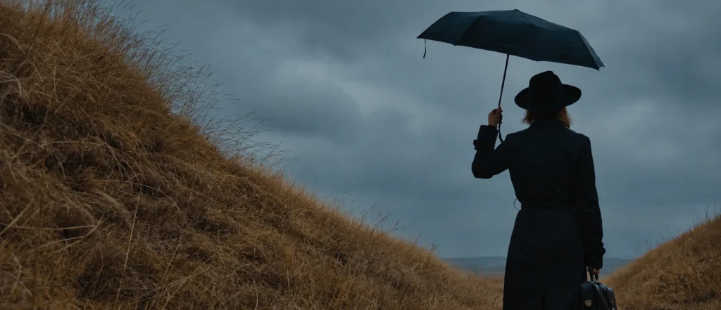 Mulher de costas, vestido com sobretudo e chapéu pretos, segura um guarda-chuva e uma maleta enquanto caminha por uma estrada entre colinas de vegetação seca, sob um céu nublado e sombrio.